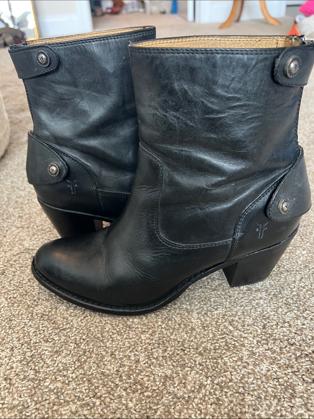 Frye Black Leather Mid-Calf Ankle Boots with Stacked Heel